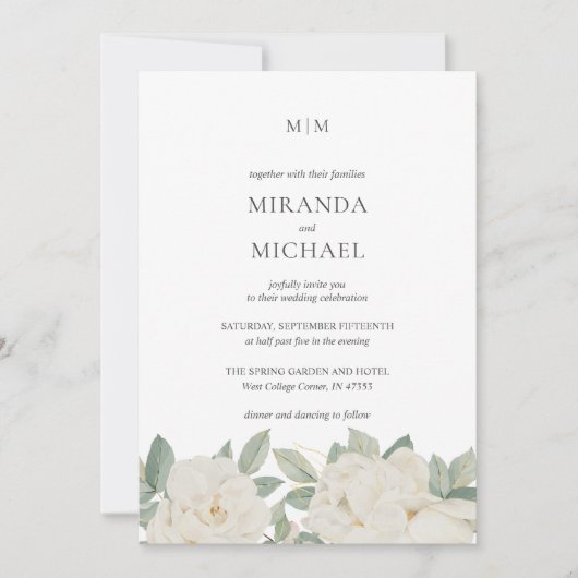 ALL-IN-ONE Witte Rozen Elegant monogram BRUILOFT Kaart (Voorkant)