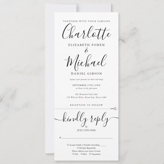 All In One Zwart En Wit Elegant Script Trouwen Kaart (Voorkant)