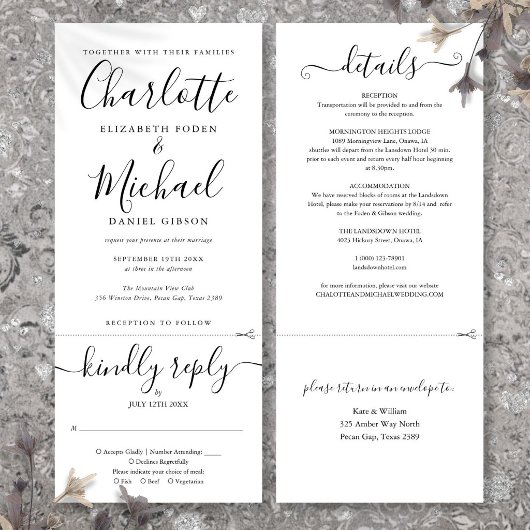All In One Zwart En Wit Elegant Script Trouwen Kaart