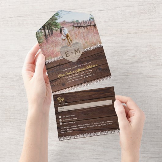 All-inclusief Rustic Wood Lace Foto Afscheur RSVP All In One Uitnodiging (Afscheurbaar)