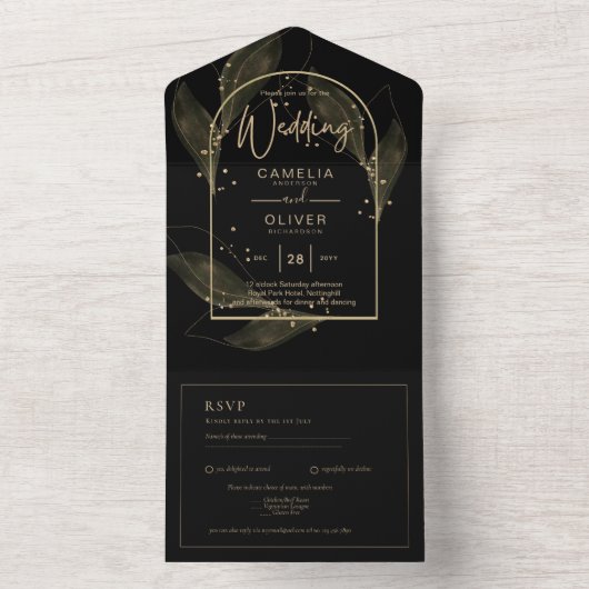 All Inclusive Black Gold Elegante Trouw-RSVP All In One Uitnodiging (Binnen)