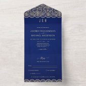 All Inclusive Blue Gold Lace bruiloft met RSVP All In One Uitnodiging (Binnen)