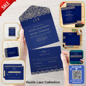 All Inclusive Blue Gold Lace bruiloft met RSVP All In One Uitnodiging