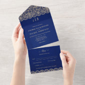 All Inclusive Blue Gold Lace bruiloft met RSVP In One Uitnodiging (Afscheurbaar)