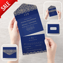 All Inclusive Blue Gold Lace bruiloft met RSVP In One Uitnodiging