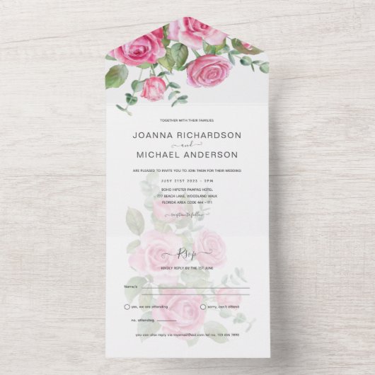 All Inclusive ROZE Rozen Trouwbloemen RSVP All In One Uitnodiging (Binnen)