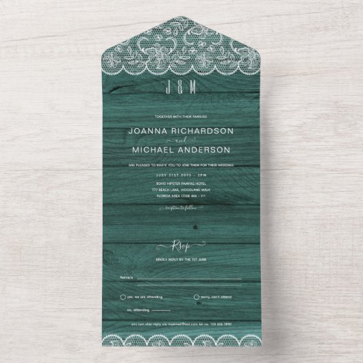All Inclusive Rustieke Groene Kant Bruiloft met RS All In One Uitnodiging (Binnen)