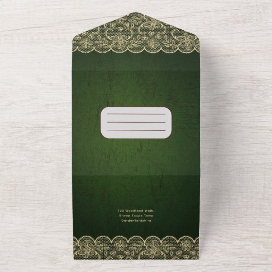 All-inclusive rustieke groene kanten bruiloft met  all in one uitnodiging (Buitenkant)