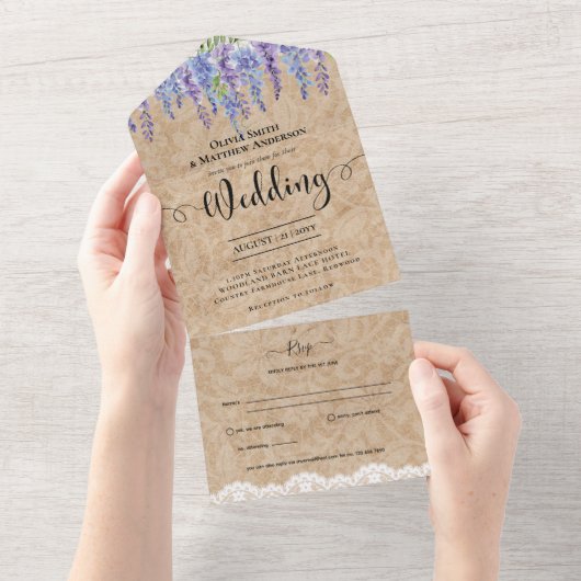 All Inclusive Rustieke Wisteria Bloemen Kant Bruil All In One Uitnodiging (Afscheurbaar)
