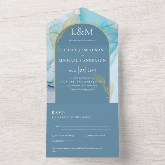 All Inclusive Stof Blauw Turkoois Aqua Trouw RSVP All In One Uitnodiging (Binnen)