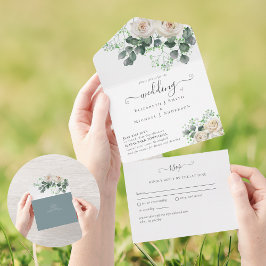 All Inclusive Witte Rozen Bloemige Trouw RSVP In One Uitnodiging