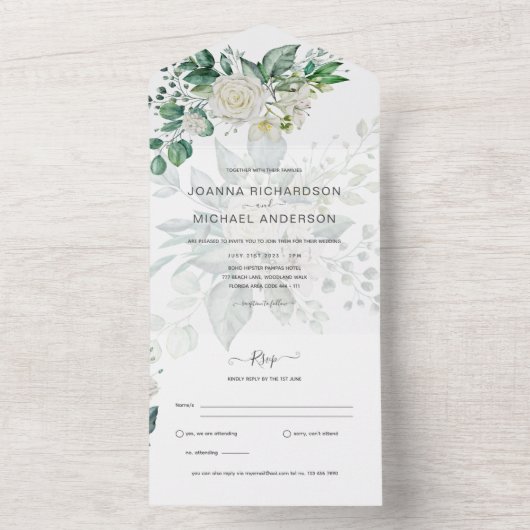 All Inclusive Witte Rozen Bruiloft Nodig RSVP uit All In One Uitnodiging (Binnen)