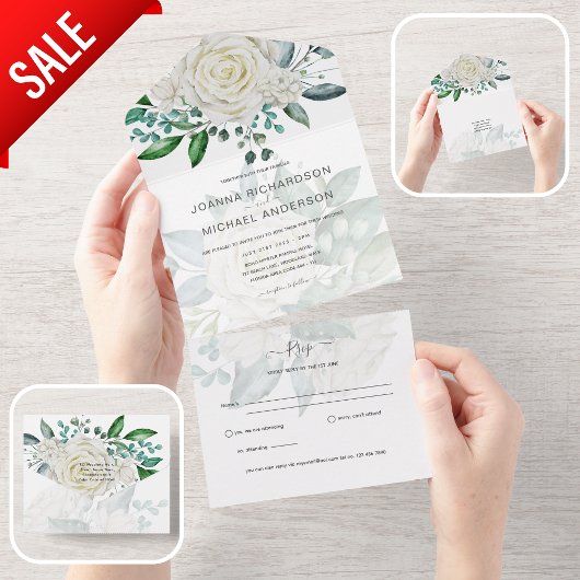 All Inclusive Witte Rozen Trouwboeket RSVP All In One Uitnodiging