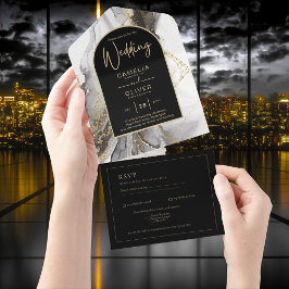 All Inclusive Zwart Goud elegante Bruiloft RSVP In One Uitnodiging