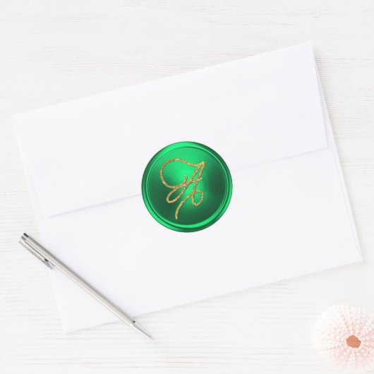 ALL INITIALS Gold Script Monogram Kelly Green Ronde Sticker (Envelop)