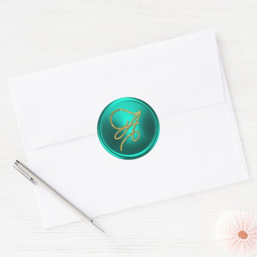 ALL INITIALS Gold Script Monogram Turquoise Ronde Sticker (Envelop)