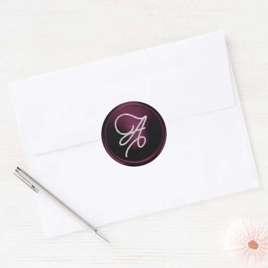 ALL INITIALS Zilveren Script Monogram Donkerpruim Ronde Sticker (Envelop)
