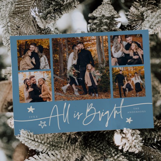 All Is Bright Denim Blue Multi Photo Holiday Card Feestdagenkaart