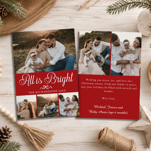 All Is Bright Festieve Rode Multi-Foto Kerstkaart