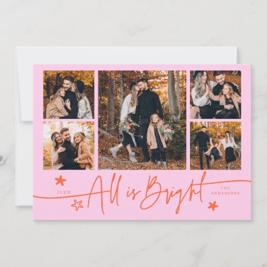 All Is Bright Orange Pink Multi Photo Holiday Card Feestdagenkaart (Voorkant)
