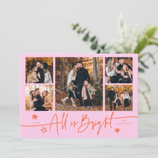 All Is Bright Orange Pink Multi Photo Holiday Card Feestdagenkaart (Staand voorkant)