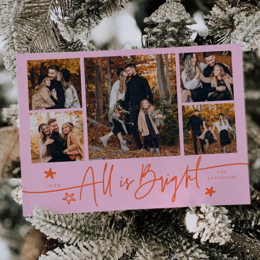 All Is Bright Orange Pink Multi Photo Holiday Card Feestdagenkaart