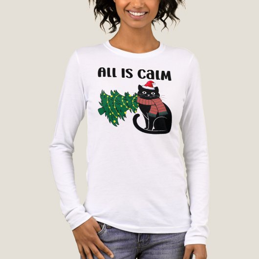 All Is Calm Christmas Black Cat Funny Tri-Blend Shirt (Voorkant volledig)