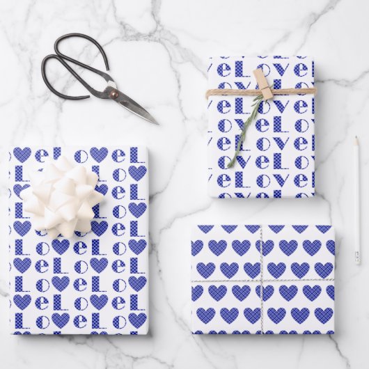 All-Occasion Royal Blue "LOVE" met hartpatroon Inpakpapier Vel (Voorkant)