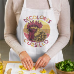 All-Over Print Apron Schort<br><div class="desc">Celebrate your faith with vibrant style using this bold and colorful DeColores Cursillo design! Featuring a striking retro-inspired rooster illustration in warm sunset hues of red, gold, and orange, this graphic is perfect for anyone involved in the Cursillo Movement or who embraces the joyful spirit of DeColores. The vintage circle...</div>