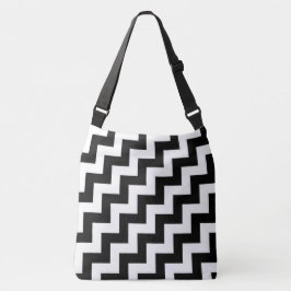 All-Over-Print Black en White Diagonal Zigzags Crossbody Tas