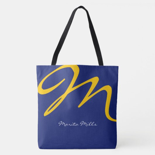 all-over-print blauwe canvas tas met geel initiaal (Voorkant)