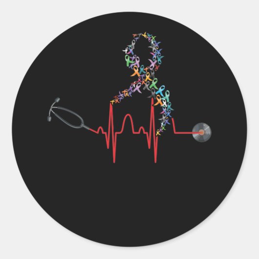 All Ribbon Cancer Awareness Day Heartbeat Ronde Sticker (Voorkant)