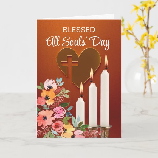 All Souls Day Heart met Kruis en Lit Kaarsen Kaart (Gele Bloem)