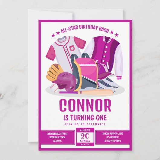 All Star Atleet Honkbal Roze Verjaardag Kaart (Voorkant)