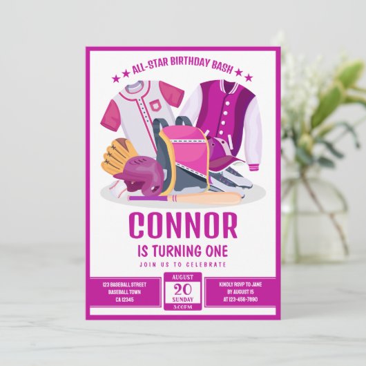 All Star Atleet Honkbal Roze Verjaardag Kaart (Staand voorkant)