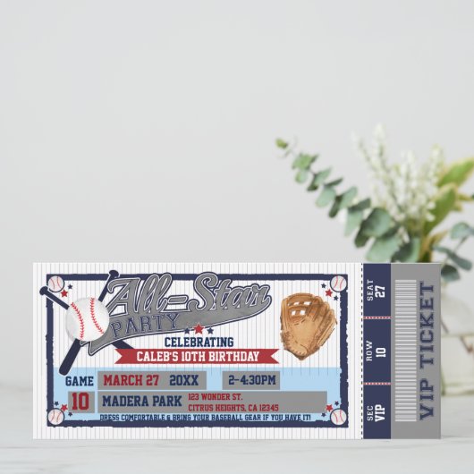 All Star Baseball Party Verjaardag Ticket Uitnodig Kaart (Staand voorkant)