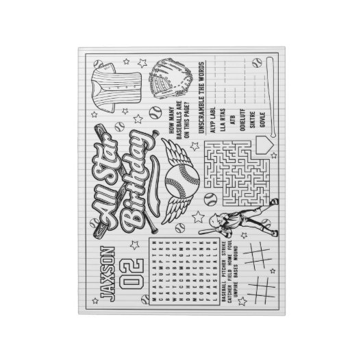 All Star Baseball Verjaardag Kleurenactiviteit Notitieblok (Linkerzijde)