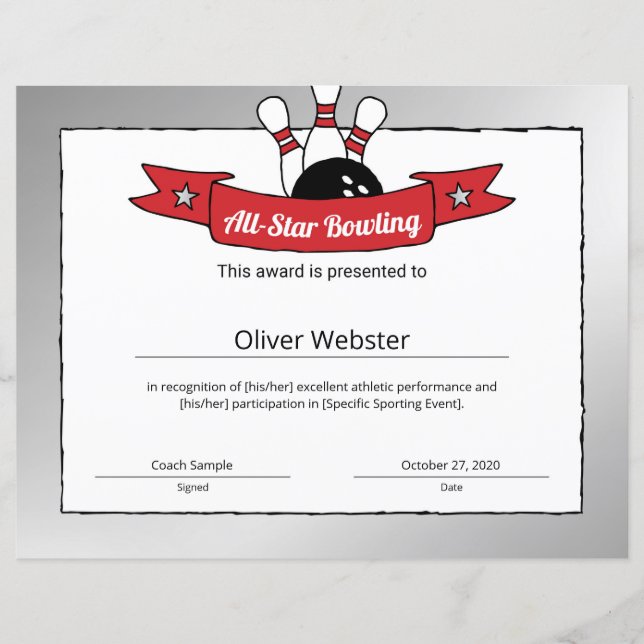 All-Star Bowling Player Award Bowling Certificate (Voorkant)