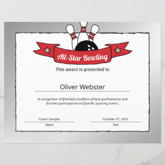 All-Star Bowling Player Award Bowling Certificate