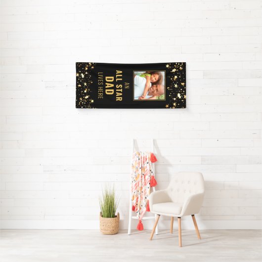 ALL STAR DAD WOONT HIER Zwart Gouden Sterren Foto Spandoek (Insitu)