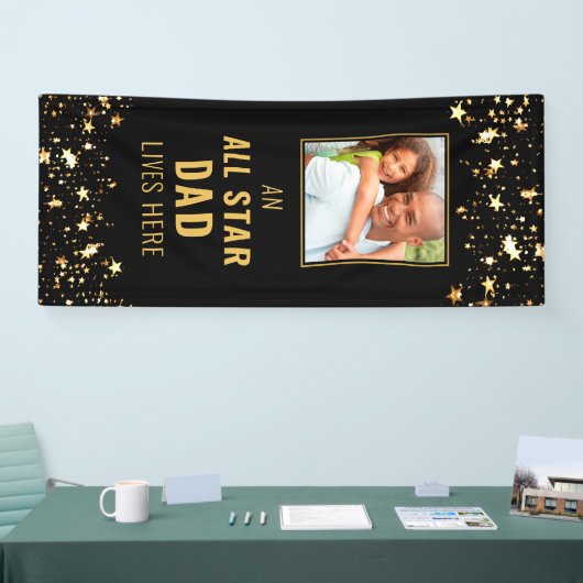 ALL STAR DAD WOONT HIER Zwart Gouden Sterren Foto Spandoek (Beurs)
