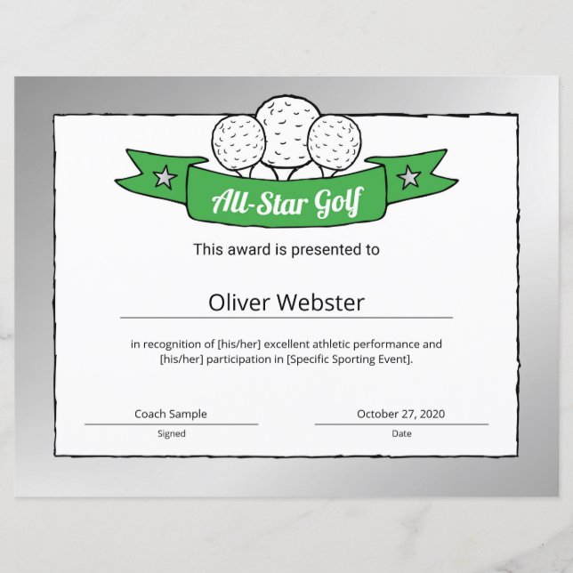 All-Star Golf Player Award Golf certificaat (Voorkant)