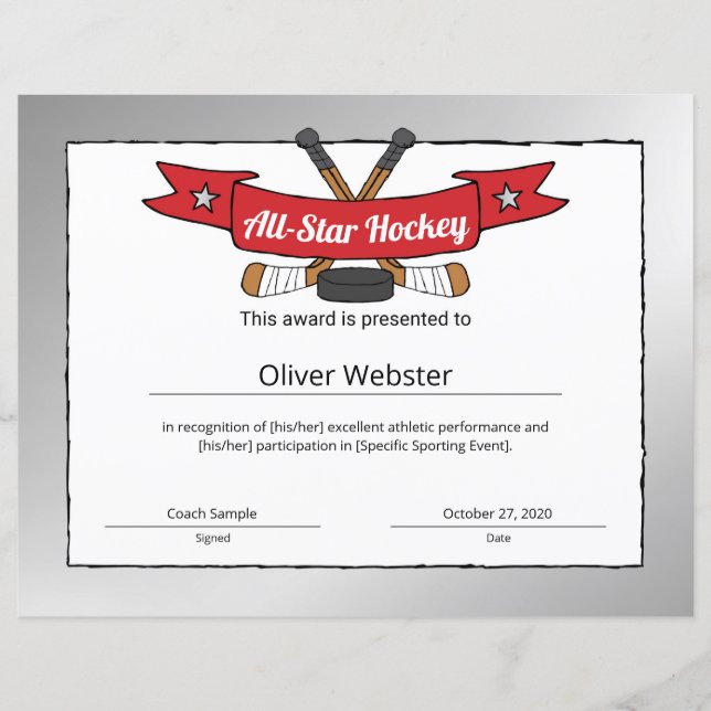 All-Star Hockey Player Award Hockey Certificate (Voorkant)