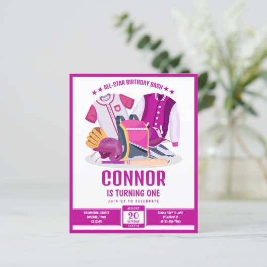 All Star Honkbal Roze Budget Uitnodiging voor verj (Staand voorkant)