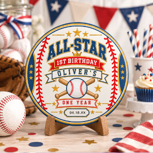 All-Star-honkbalkaartje 1e verjaardag babyjongen Ronde Sticker