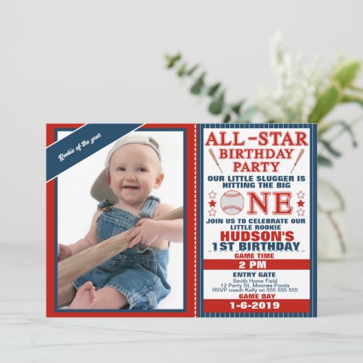 All Star of Baseball 1e verjaardag Uitnodiging (Staand voorkant)