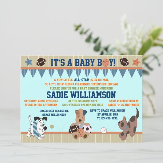 All-Star Puppies Baby Boy Shower Uitnodiging (Staand voorkant)