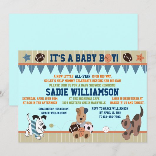 All-Star Puppies Baby Boy Shower Uitnodiging (Voorkant / Achterkant)