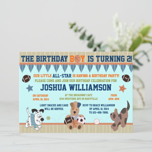 All-Star Puppies Boy Verjaardagsfeestje Uitnodigin Kaart (Staand voorkant)
