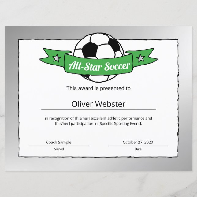 All-Star Soccer Player Award Soccer Certificate (Voorkant)